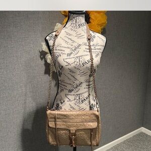 Rebecca Minkoff Beige Crossbody Bag with rose gold zipper, chain crossbody strap